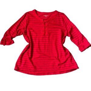 Croft & Barrow Red Striped Lace-up Tee Top Roll Tab Sleeve Sz 2X #19M